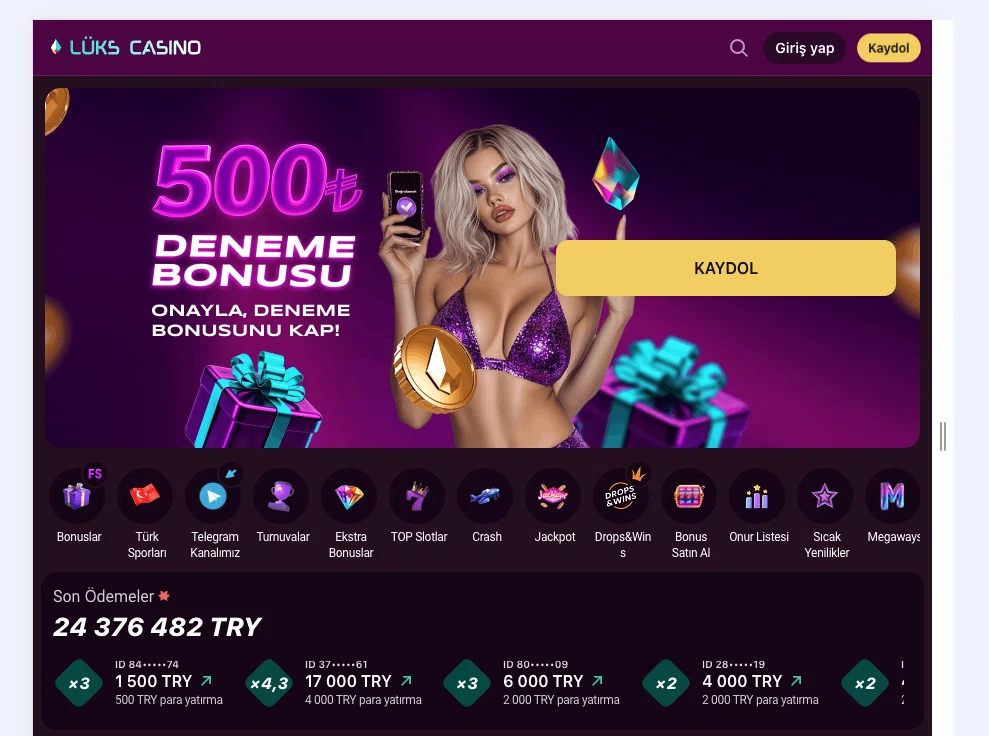 Lüks Casino ana sayfa genel görünümü