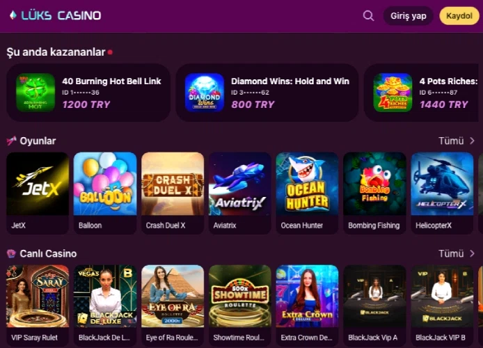 Lüks Casino ana sayfasındaki kazananlar bölümünün görünümü