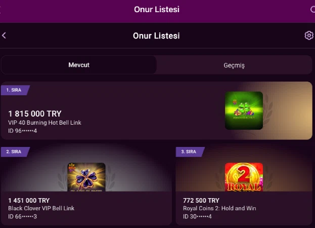 Lüks Casino oyuncu sıralama tablosu ve bakiye ekranı görseli