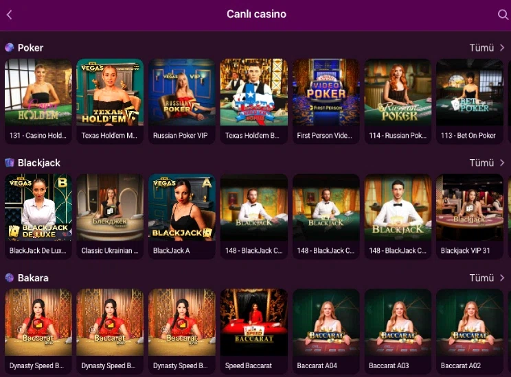 Lüks Casino canlı casino masasında poker ve blackjack krupiyesi görseli