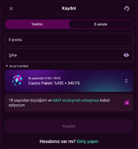 Lüks Casino e-posta ile kayıt formu ekranı