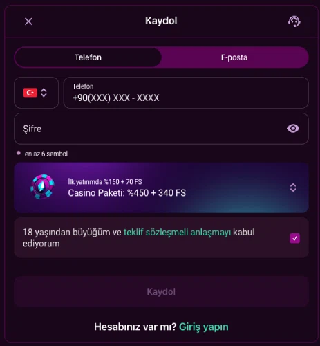 Lüks Casino telefon ile kayıt adımı ekranı