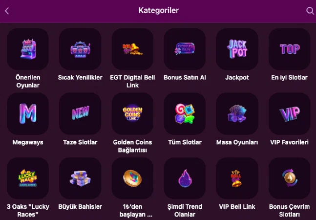 Lüks Casino slot kategorileri menü görünümü