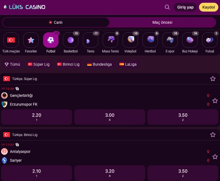 Lüks Casino Favori Bahis Türleri Lüks Casino Spor sekmesinde en çok tercih edilen bahis türleri