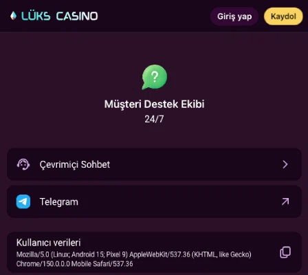 Lüks Casino müşteri destek ekibiyle canlı yazışma görseli