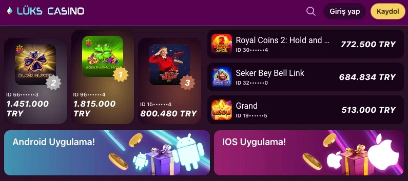 Lüks Casino en çok kazananlar listesini gösteren ekran görüntüsü